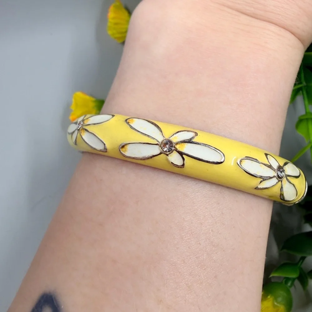 Yellow Floral Enamel Bangle Bracelet with Crystal Accents - Picture 3 of 5
